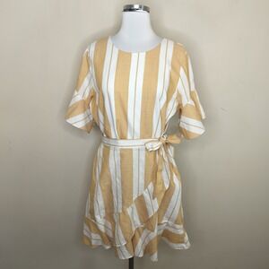 Express Faux Wrap Ruffled Dress Striped Tan Flutter Sleeve